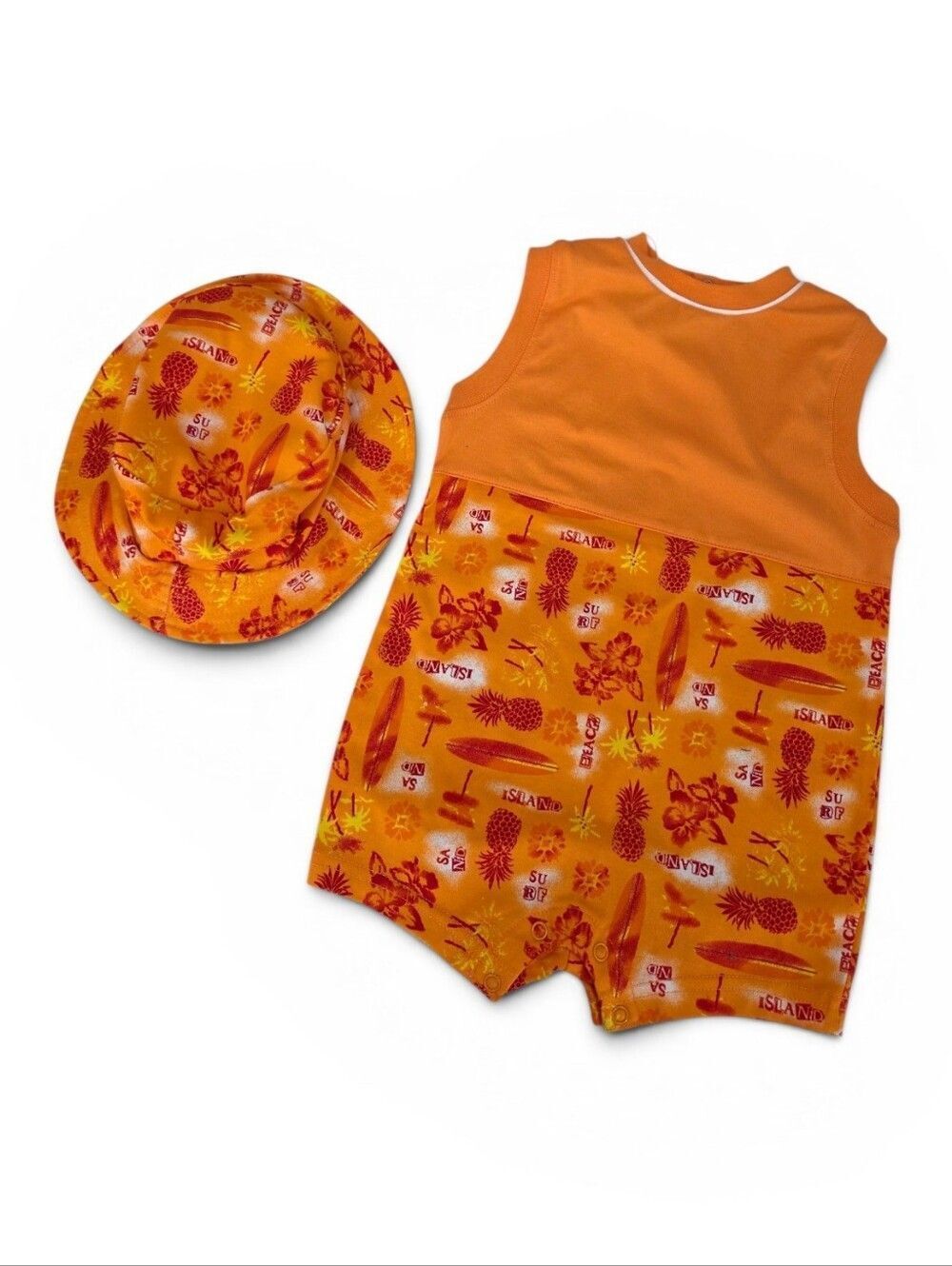 Starting Out Vintahe Orange Tropical Baby Romper & Matching Bucket Hat NEW